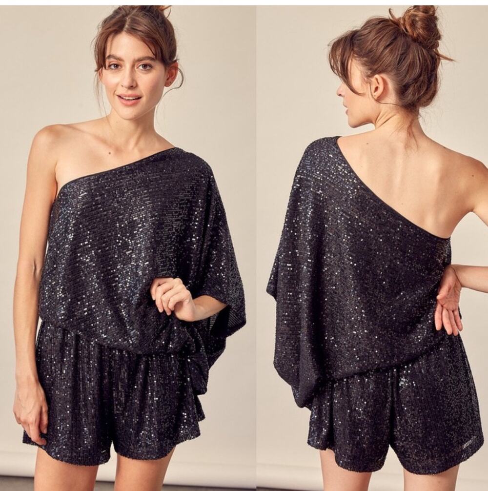 Mustard Seed asymmetrical, one shoulder, black sequin romper in size M
